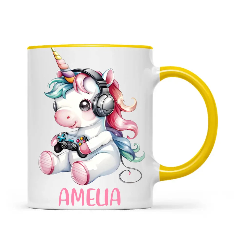 Personalised Gaming Unicorn Kids Cup - Custom Name Mug for Girls - 11oz, 6oz or Enamel Cup - Cute Gamer Unicorn Gift - NZ Made