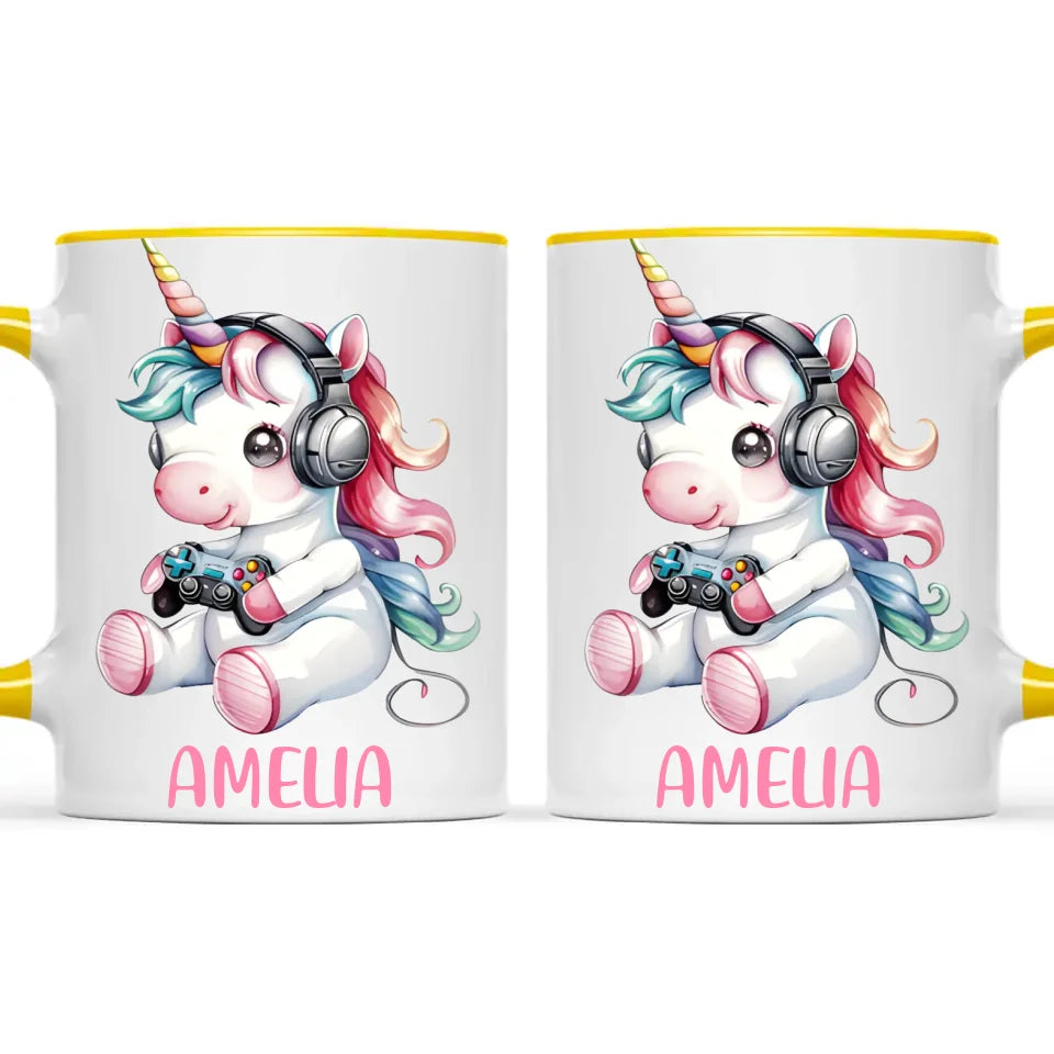Personalised Gaming Unicorn Kids Cup - Custom Name Mug for Girls - 11oz, 6oz or Enamel Cup - Cute Gamer Unicorn Gift - NZ Made