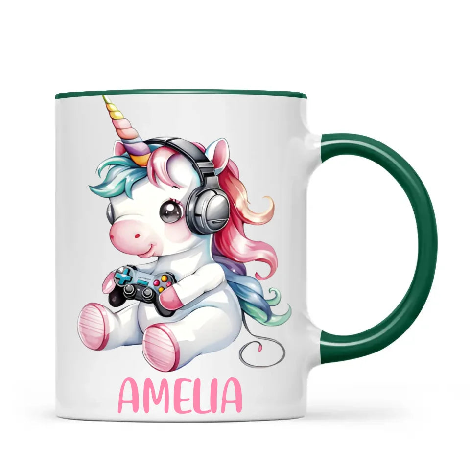 Personalised Gaming Unicorn Kids Cup - Custom Name Mug for Girls - 11oz, 6oz or Enamel Cup - Cute Gamer Unicorn Gift - NZ Made