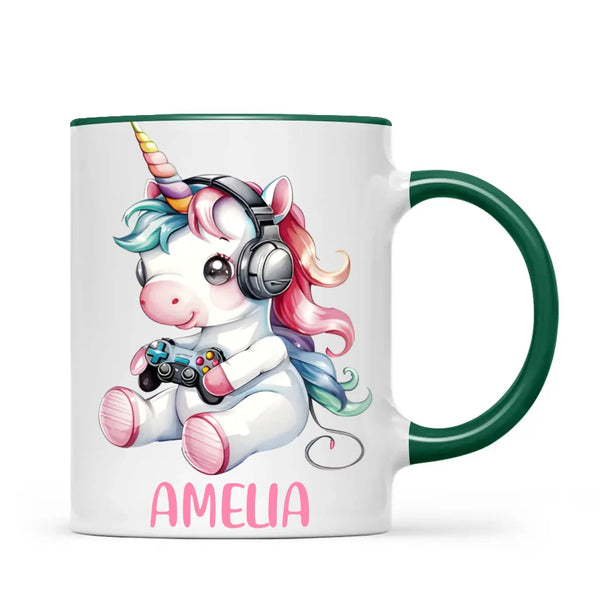 Personalised Gaming Unicorn Kids Cup - Custom Name Mug for Girls - 11oz, 6oz or Enamel Cup - Cute Gamer Unicorn Gift - NZ Made
