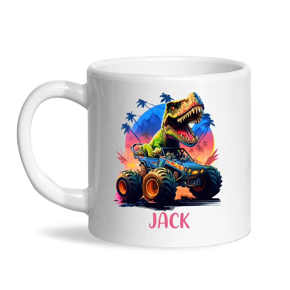 Personalised with Name, Dinosaur Monster Truck Kids Mug – Customised Dino Off-Road Cup for Children – Available in 11oz, 6oz & Enamel Options