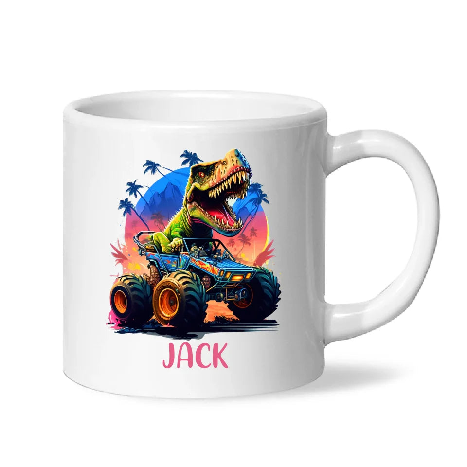 Personalised with Name, Dinosaur Monster Truck Kids Mug – Customised Dino Off-Road Cup for Children – Available in 11oz, 6oz & Enamel Options