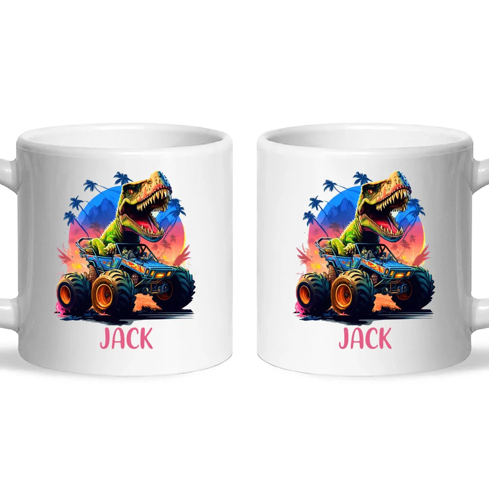 Personalised with Name, Dinosaur Monster Truck Kids Mug – Customised Dino Off-Road Cup for Children – Available in 11oz, 6oz & Enamel Options