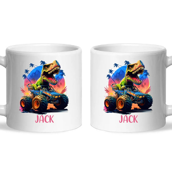 Personalised with Name, Dinosaur Monster Truck Kids Mug – Customised Dino Off-Road Cup for Children – Available in 11oz, 6oz & Enamel Options