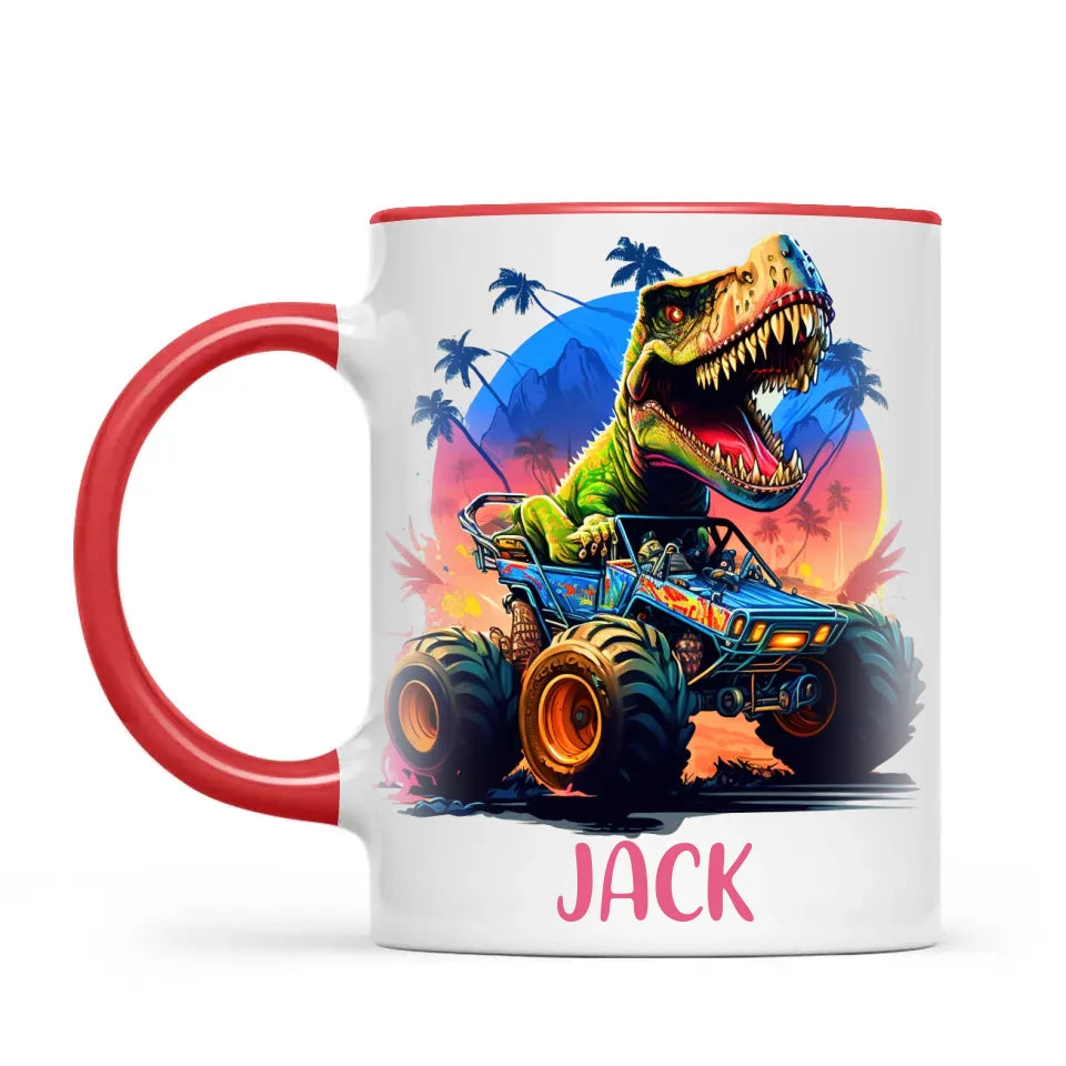 Personalised with Name, Dinosaur Monster Truck Kids Mug – Customised Dino Off-Road Cup for Children – Available in 11oz, 6oz & Enamel Options