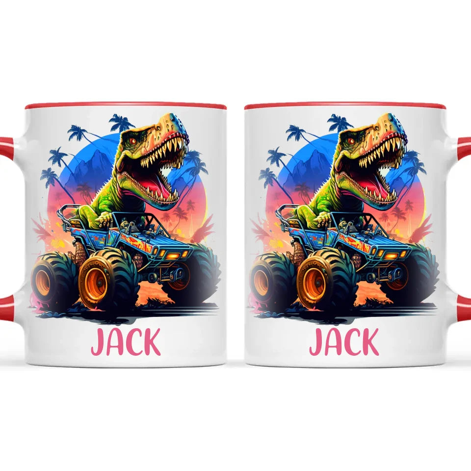 Personalised with Name, Dinosaur Monster Truck Kids Mug – Customised Dino Off-Road Cup for Children – Available in 11oz, 6oz & Enamel Options