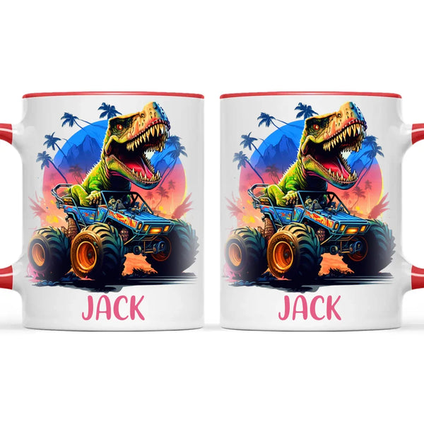 Personalised with Name, Dinosaur Monster Truck Kids Mug – Customised Dino Off-Road Cup for Children – Available in 11oz, 6oz & Enamel Options