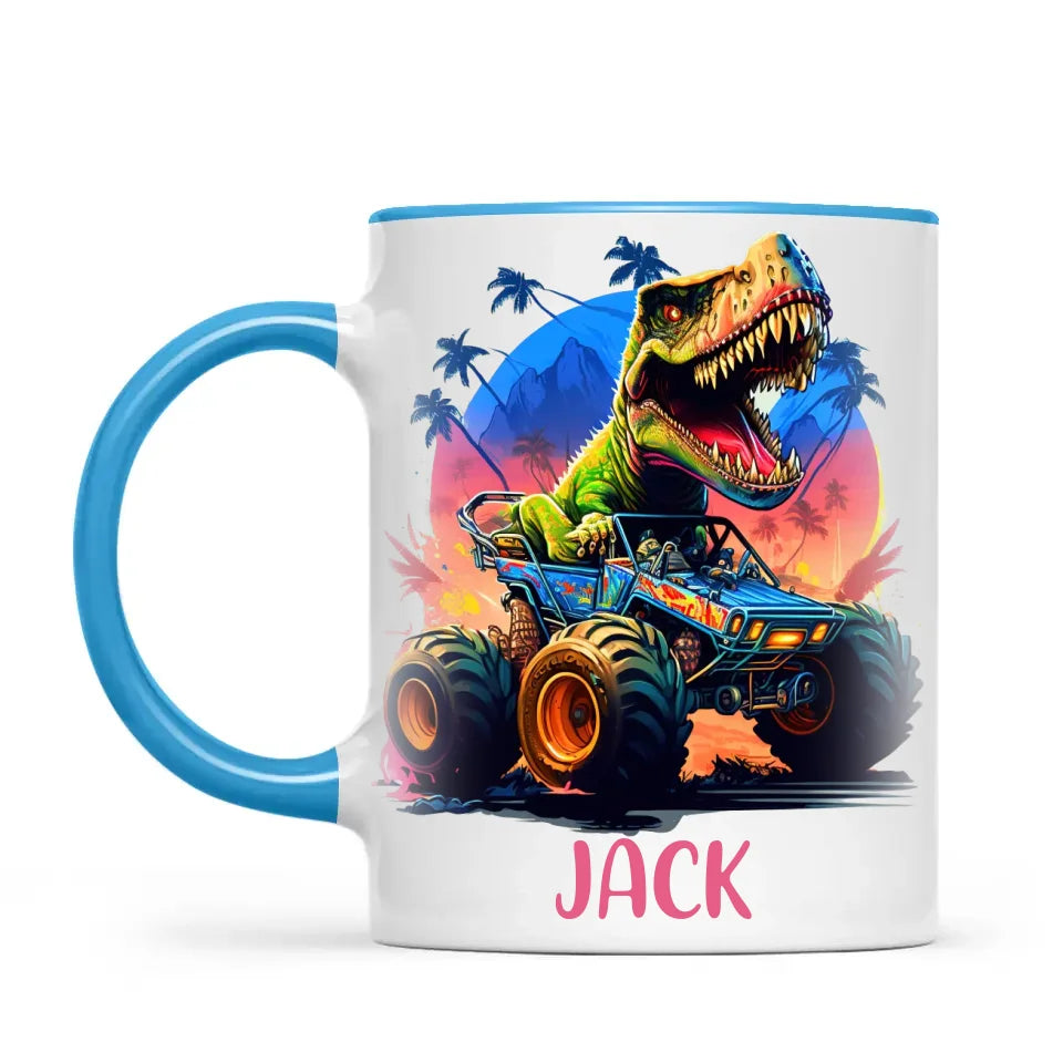 Personalised with Name, Dinosaur Monster Truck Kids Mug – Customised Dino Off-Road Cup for Children – Available in 11oz, 6oz & Enamel Options