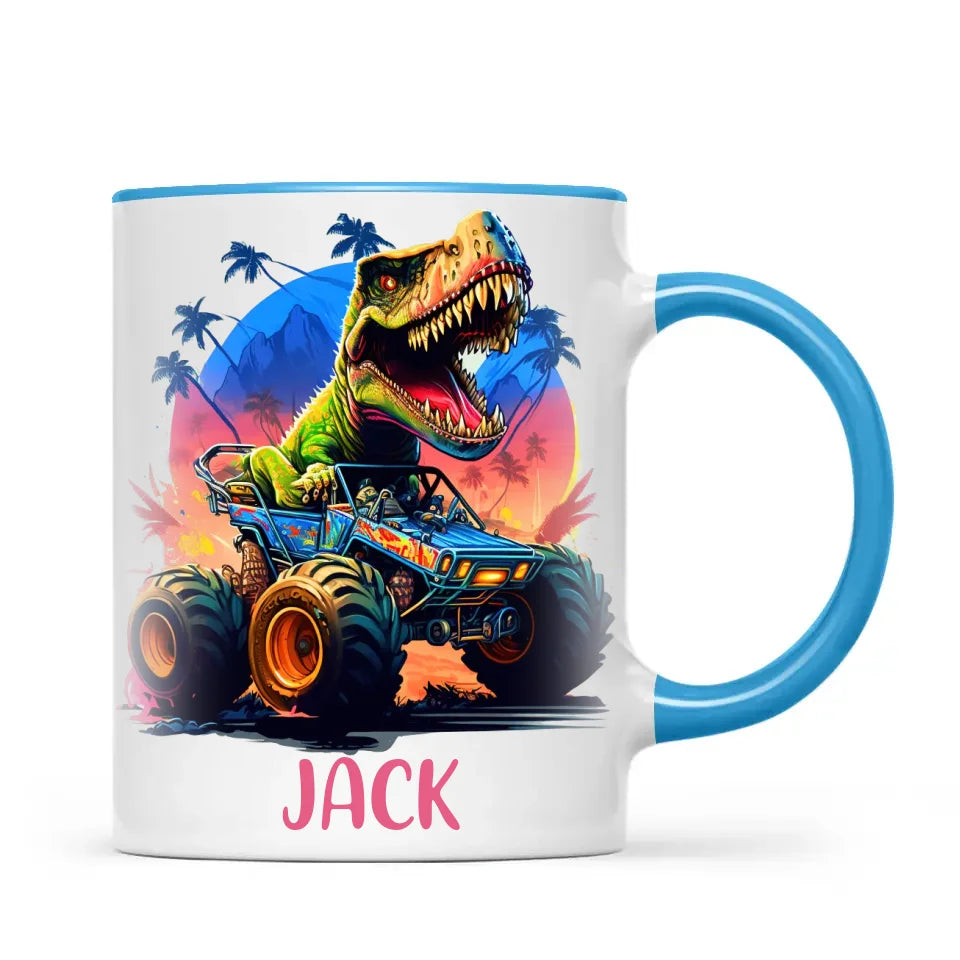Personalised with Name, Dinosaur Monster Truck Kids Mug – Customised Dino Off-Road Cup for Children – Available in 11oz, 6oz & Enamel Options