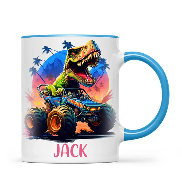 Personalised with Name, Dinosaur Monster Truck Kids Mug – Customised Dino Off-Road Cup for Children – Available in 11oz, 6oz & Enamel Options