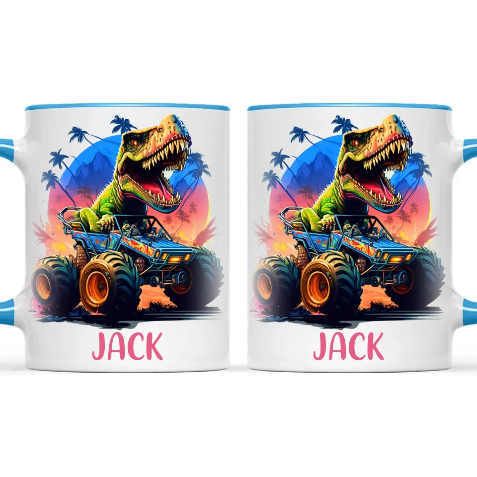 Personalised with Name, Dinosaur Monster Truck Kids Mug – Customised Dino Off-Road Cup for Children – Available in 11oz, 6oz & Enamel Options