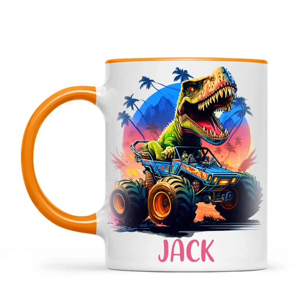 Personalised with Name, Dinosaur Monster Truck Kids Mug – Customised Dino Off-Road Cup for Children – Available in 11oz, 6oz & Enamel Options