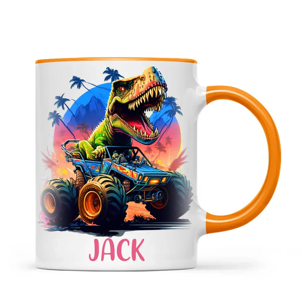 Personalised with Name, Dinosaur Monster Truck Kids Mug – Customised Dino Off-Road Cup for Children – Available in 11oz, 6oz & Enamel Options