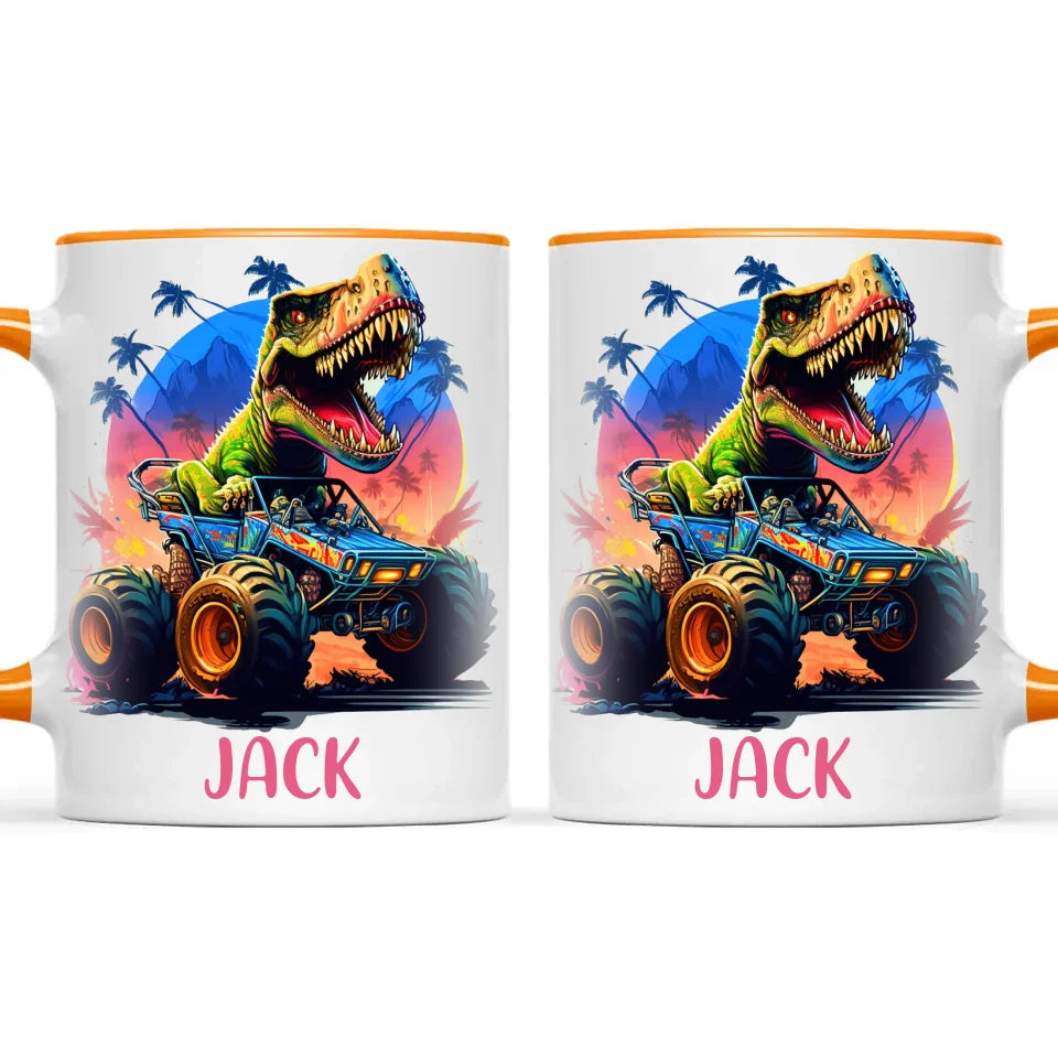 Personalised with Name, Dinosaur Monster Truck Kids Mug – Customised Dino Off-Road Cup for Children – Available in 11oz, 6oz & Enamel Options