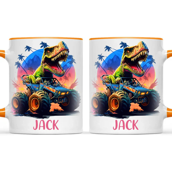 Personalised with Name, Dinosaur Monster Truck Kids Mug – Customised Dino Off-Road Cup for Children – Available in 11oz, 6oz & Enamel Options