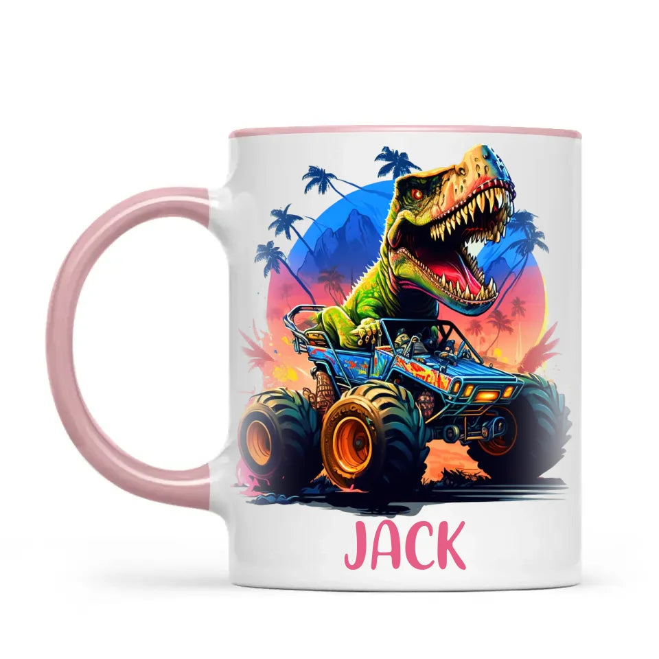Personalised with Name, Dinosaur Monster Truck Kids Mug – Customised Dino Off-Road Cup for Children – Available in 11oz, 6oz & Enamel Options