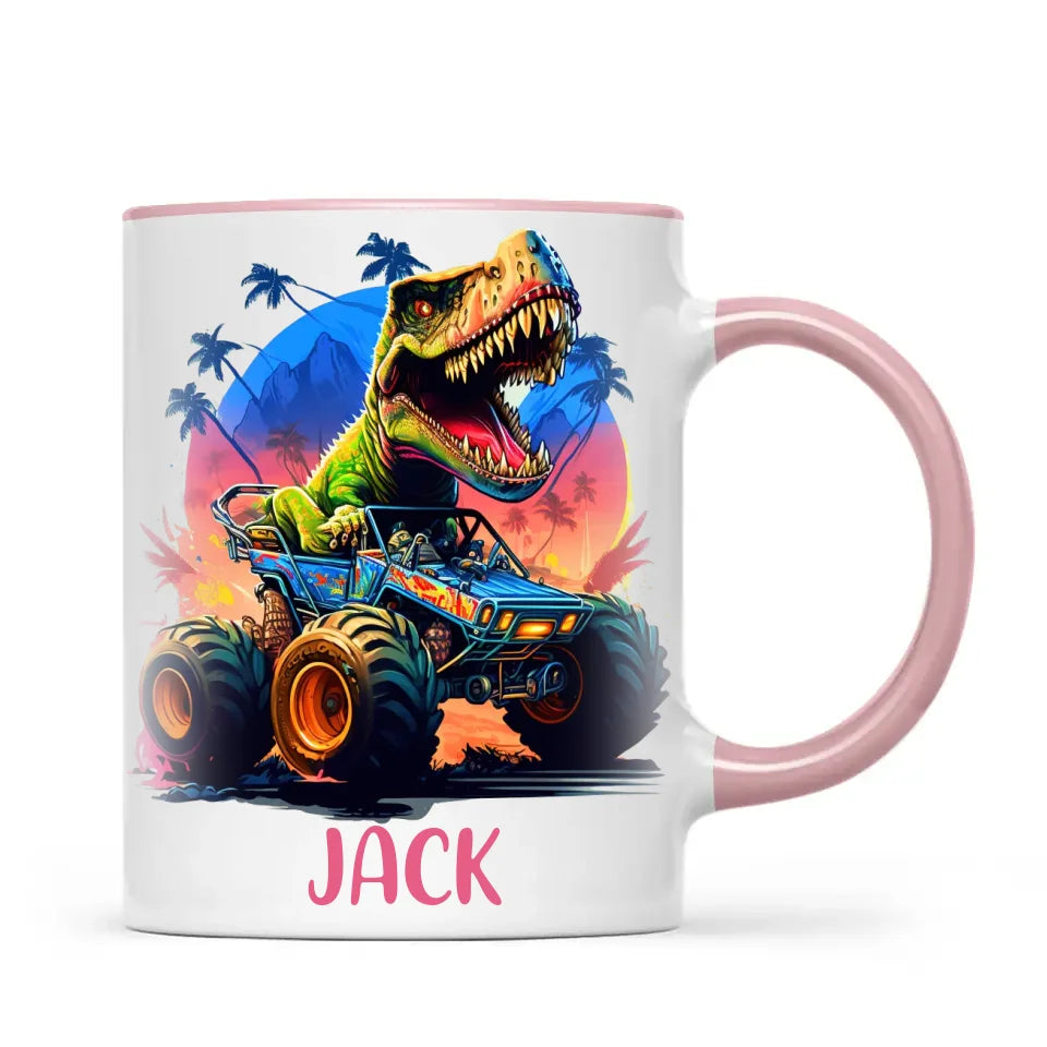 Personalised with Name, Dinosaur Monster Truck Kids Mug – Customised Dino Off-Road Cup for Children – Available in 11oz, 6oz & Enamel Options