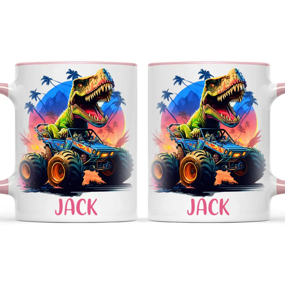 Personalised with Name, Dinosaur Monster Truck Kids Mug – Customised Dino Off-Road Cup for Children – Available in 11oz, 6oz & Enamel Options