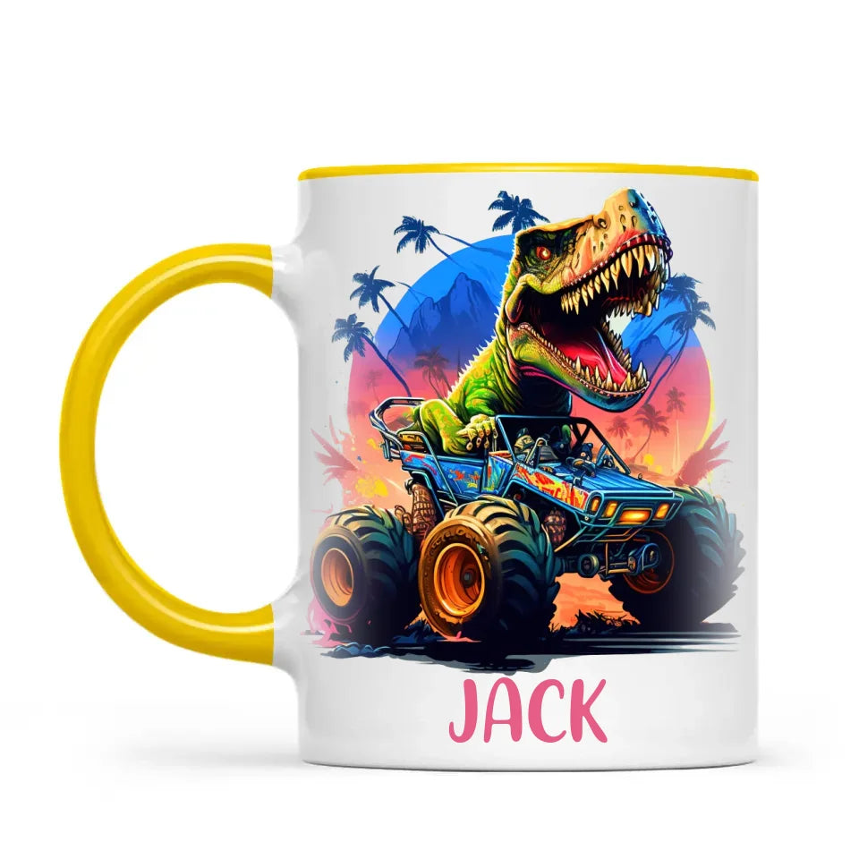 Personalised with Name, Dinosaur Monster Truck Kids Mug – Customised Dino Off-Road Cup for Children – Available in 11oz, 6oz & Enamel Options