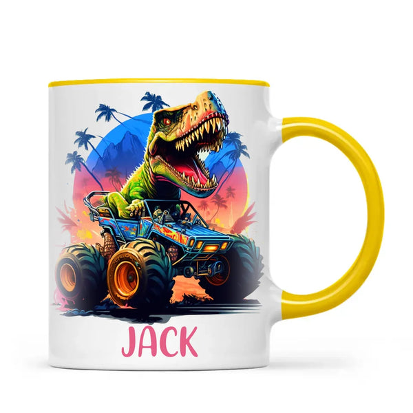 Personalised with Name, Dinosaur Monster Truck Kids Mug – Customised Dino Off-Road Cup for Children – Available in 11oz, 6oz & Enamel Options