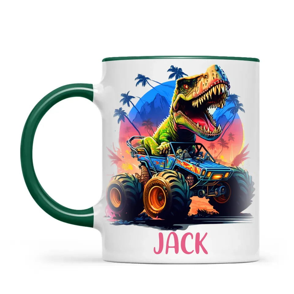 Personalised with Name, Dinosaur Monster Truck Kids Mug – Customised Dino Off-Road Cup for Children – Available in 11oz, 6oz & Enamel Options