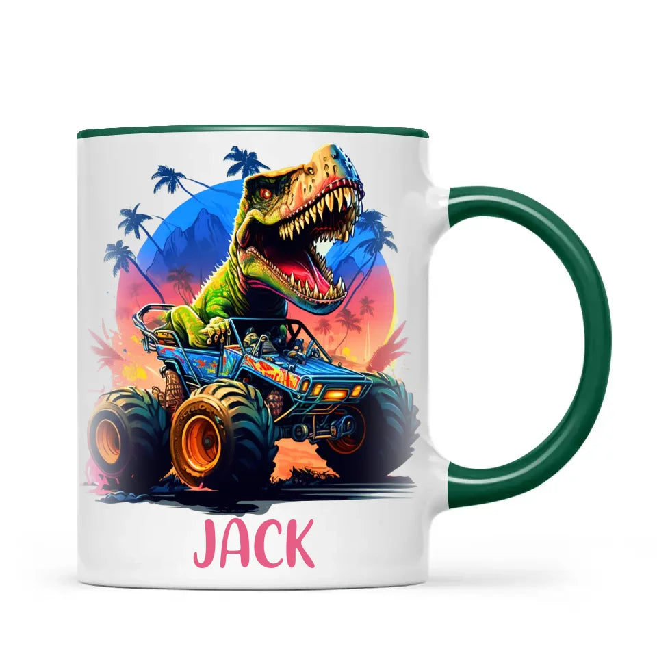 Personalised with Name, Dinosaur Monster Truck Kids Mug – Customised Dino Off-Road Cup for Children – Available in 11oz, 6oz & Enamel Options
