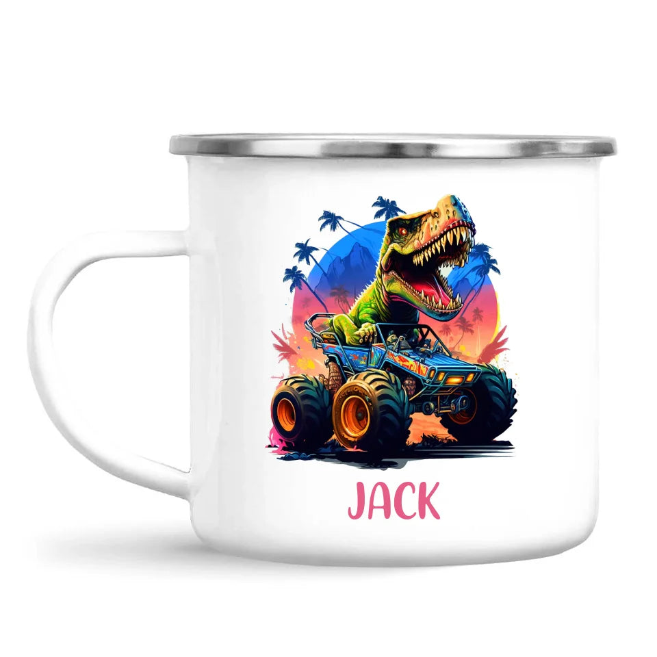 Personalised with Name, Dinosaur Monster Truck Kids Mug – Customised Dino Off-Road Cup for Children – Available in 11oz, 6oz & Enamel Options
