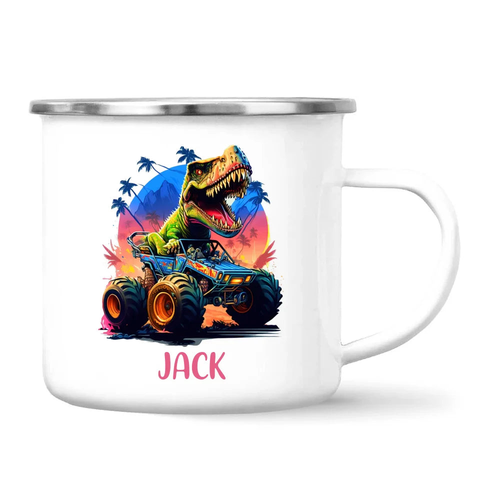 Personalised with Name, Dinosaur Monster Truck Kids Mug – Customised Dino Off-Road Cup for Children – Available in 11oz, 6oz & Enamel Options