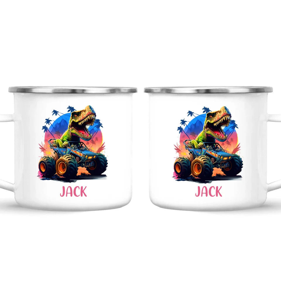 Personalised with Name, Dinosaur Monster Truck Kids Mug – Customised Dino Off-Road Cup for Children – Available in 11oz, 6oz & Enamel Options