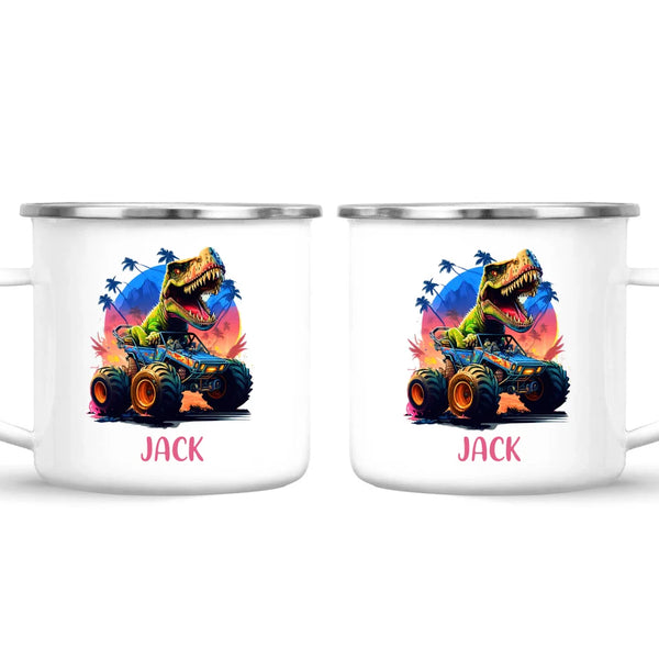 Personalised with Name, Dinosaur Monster Truck Kids Mug – Customised Dino Off-Road Cup for Children – Available in 11oz, 6oz & Enamel Options
