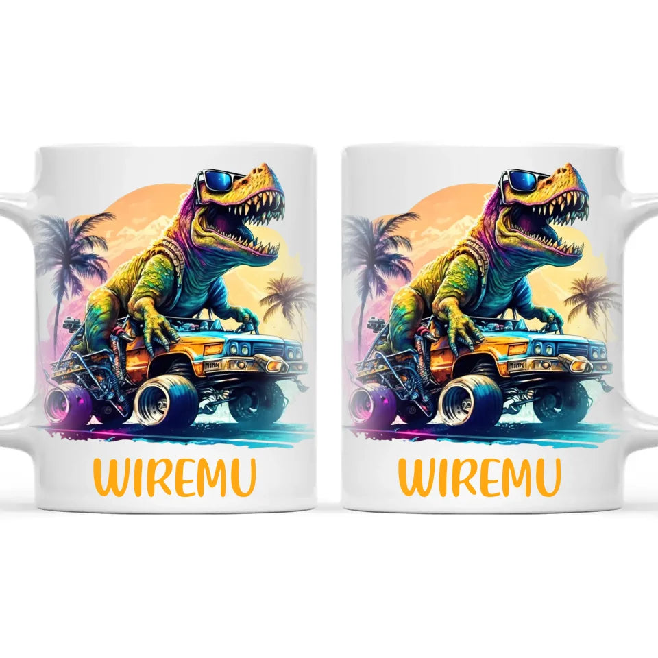 Personalised with Name, Cool Dinosaur Beach Cruiser Kids Mug – Customised T-Rex Car Adventure Cup for Children – Available in 11oz, 6oz & Enamel Options