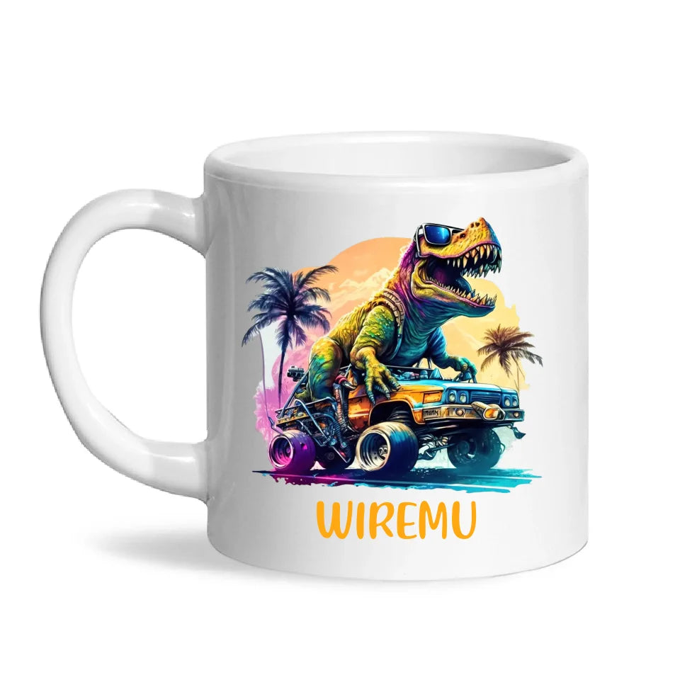 Personalised with Name, Cool Dinosaur Beach Cruiser Kids Mug – Customised T-Rex Car Adventure Cup for Children – Available in 11oz, 6oz & Enamel Options