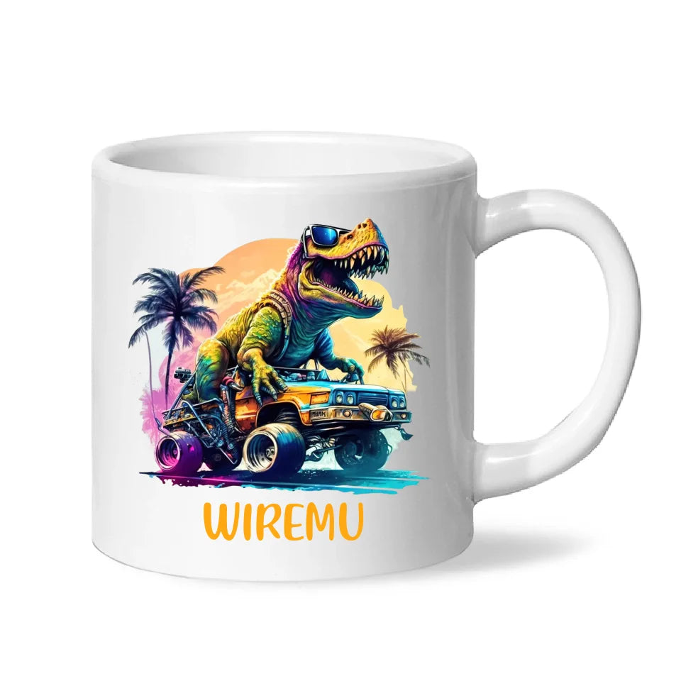 Personalised with Name, Cool Dinosaur Beach Cruiser Kids Mug – Customised T-Rex Car Adventure Cup for Children – Available in 11oz, 6oz & Enamel Options