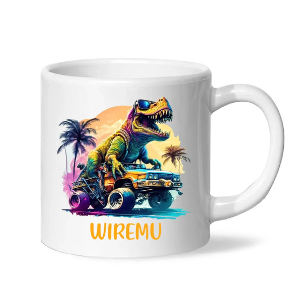 Personalised with Name, Cool Dinosaur Beach Cruiser Kids Mug – Customised T-Rex Car Adventure Cup for Children – Available in 11oz, 6oz & Enamel Options