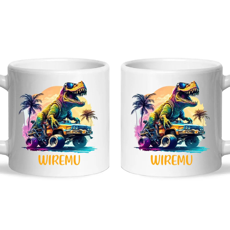 Personalised with Name, Cool Dinosaur Beach Cruiser Kids Mug – Customised T-Rex Car Adventure Cup for Children – Available in 11oz, 6oz & Enamel Options
