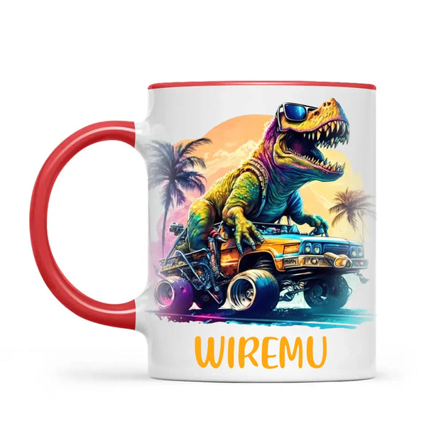 Personalised with Name, Cool Dinosaur Beach Cruiser Kids Mug – Customised T-Rex Car Adventure Cup for Children – Available in 11oz, 6oz & Enamel Options