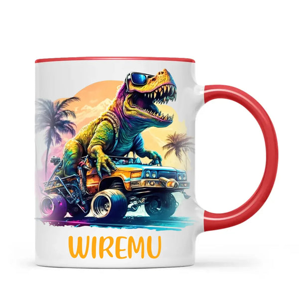 Personalised with Name, Cool Dinosaur Beach Cruiser Kids Mug – Customised T-Rex Car Adventure Cup for Children – Available in 11oz, 6oz & Enamel Options