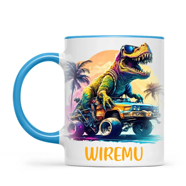 Personalised with Name, Cool Dinosaur Beach Cruiser Kids Mug – Customised T-Rex Car Adventure Cup for Children – Available in 11oz, 6oz & Enamel Options