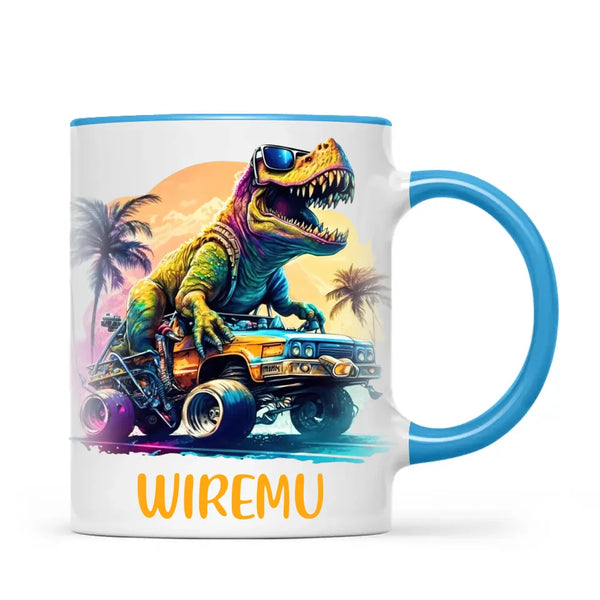 Personalised with Name, Cool Dinosaur Beach Cruiser Kids Mug – Customised T-Rex Car Adventure Cup for Children – Available in 11oz, 6oz & Enamel Options