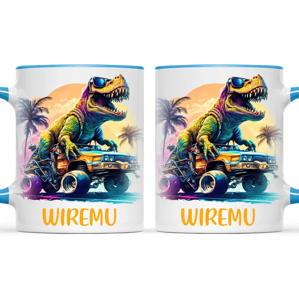 Personalised with Name, Cool Dinosaur Beach Cruiser Kids Mug – Customised T-Rex Car Adventure Cup for Children – Available in 11oz, 6oz & Enamel Options