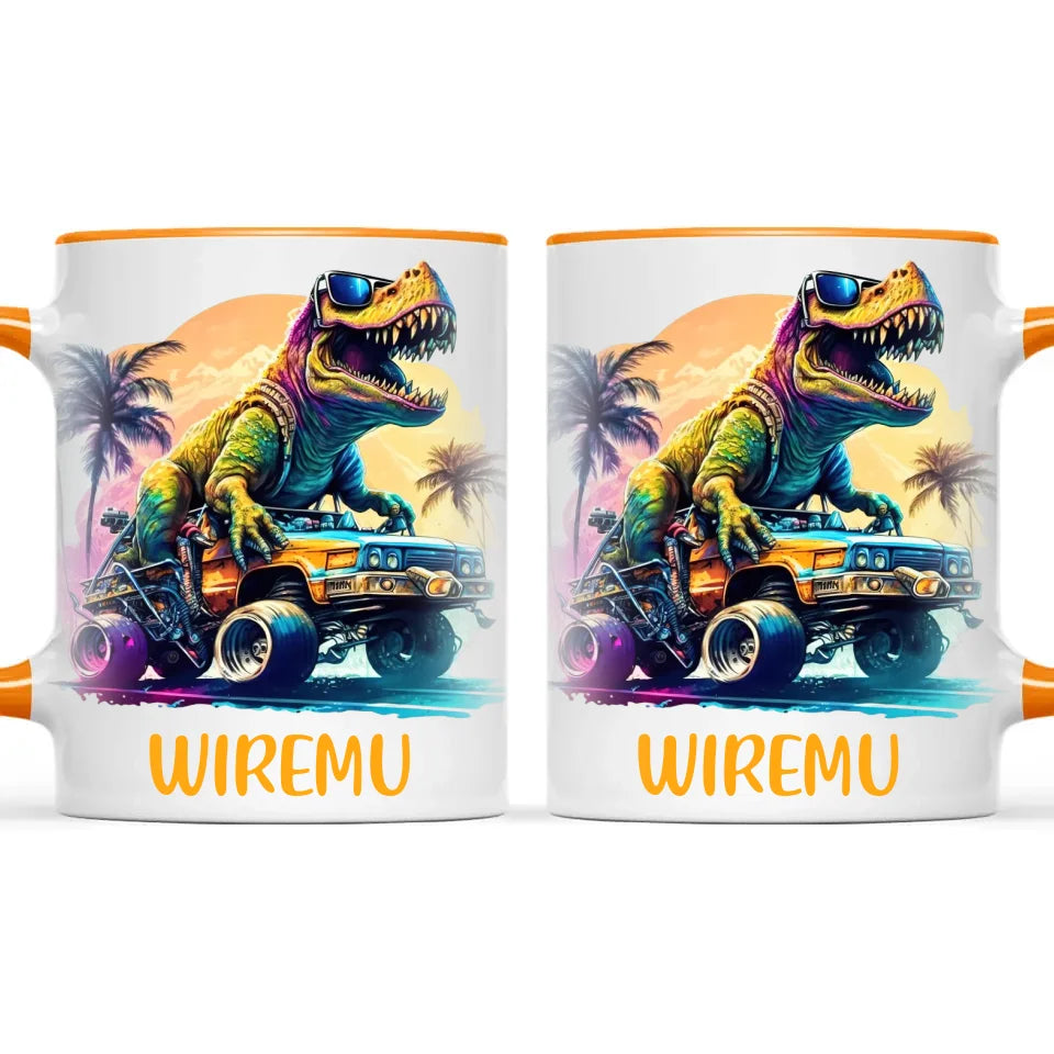 Personalised with Name, Cool Dinosaur Beach Cruiser Kids Mug – Customised T-Rex Car Adventure Cup for Children – Available in 11oz, 6oz & Enamel Options