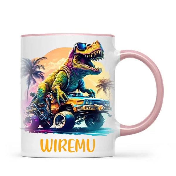 Personalised with Name, Cool Dinosaur Beach Cruiser Kids Mug – Customised T-Rex Car Adventure Cup for Children – Available in 11oz, 6oz & Enamel Options