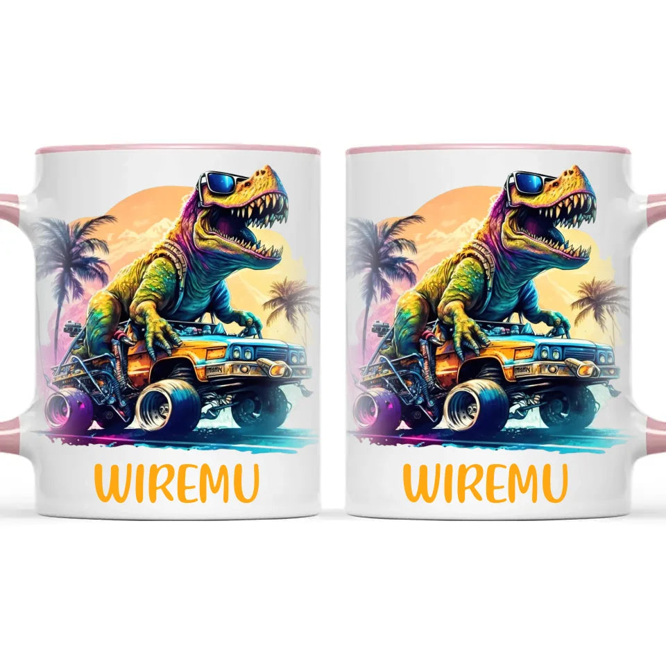 Personalised with Name, Cool Dinosaur Beach Cruiser Kids Mug – Customised T-Rex Car Adventure Cup for Children – Available in 11oz, 6oz & Enamel Options