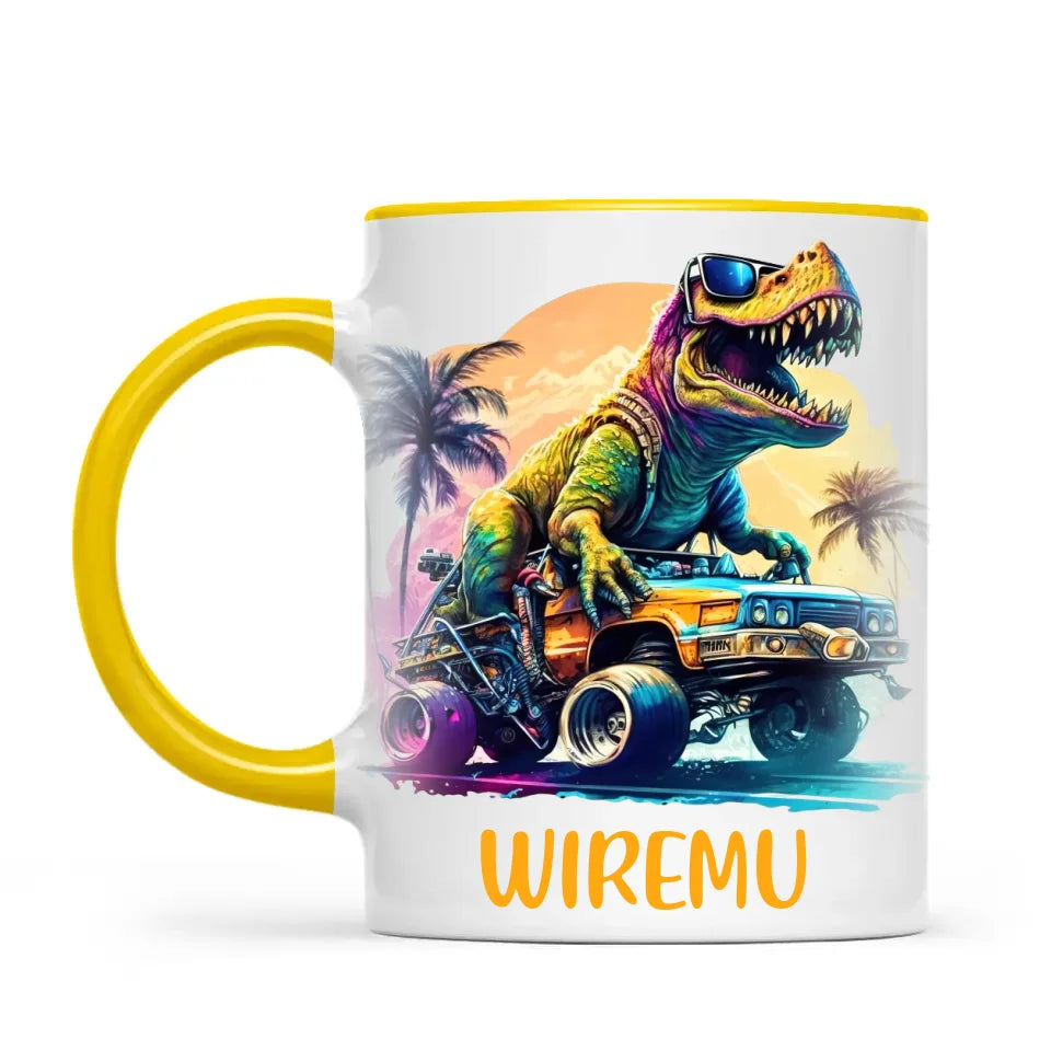 Personalised with Name, Cool Dinosaur Beach Cruiser Kids Mug – Customised T-Rex Car Adventure Cup for Children – Available in 11oz, 6oz & Enamel Options