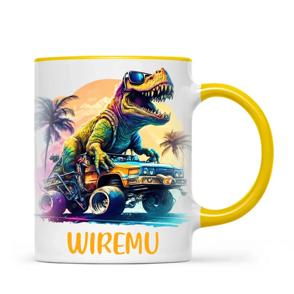 Personalised with Name, Cool Dinosaur Beach Cruiser Kids Mug – Customised T-Rex Car Adventure Cup for Children – Available in 11oz, 6oz & Enamel Options