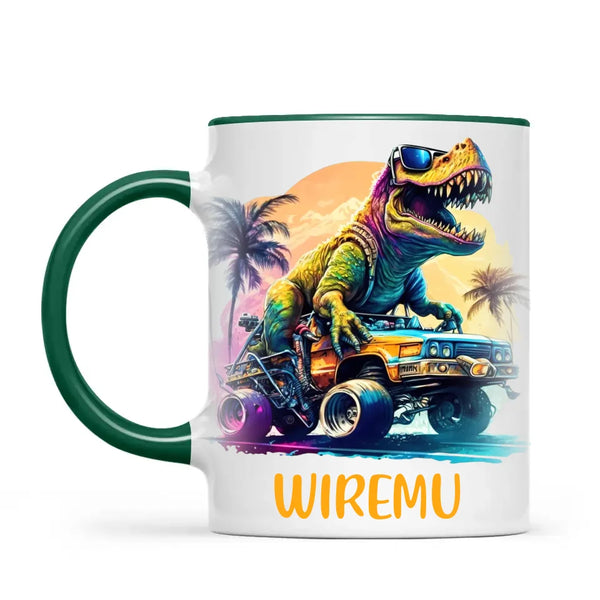 Personalised with Name, Cool Dinosaur Beach Cruiser Kids Mug – Customised T-Rex Car Adventure Cup for Children – Available in 11oz, 6oz & Enamel Options