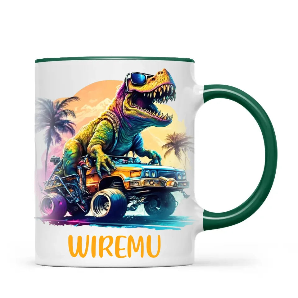 Personalised with Name, Cool Dinosaur Beach Cruiser Kids Mug – Customised T-Rex Car Adventure Cup for Children – Available in 11oz, 6oz & Enamel Options