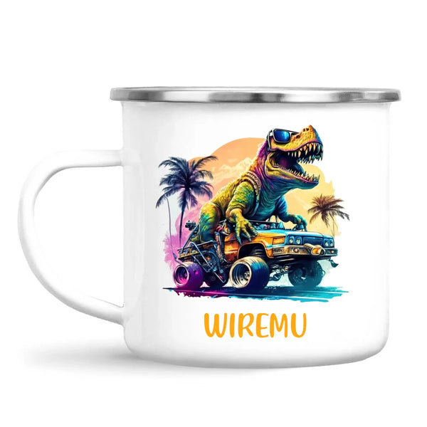 Personalised with Name, Cool Dinosaur Beach Cruiser Kids Mug – Customised T-Rex Car Adventure Cup for Children – Available in 11oz, 6oz & Enamel Options