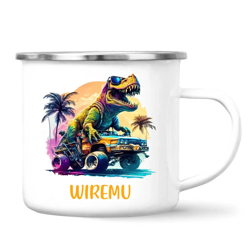 Personalised with Name, Cool Dinosaur Beach Cruiser Kids Mug – Customised T-Rex Car Adventure Cup for Children – Available in 11oz, 6oz & Enamel Options