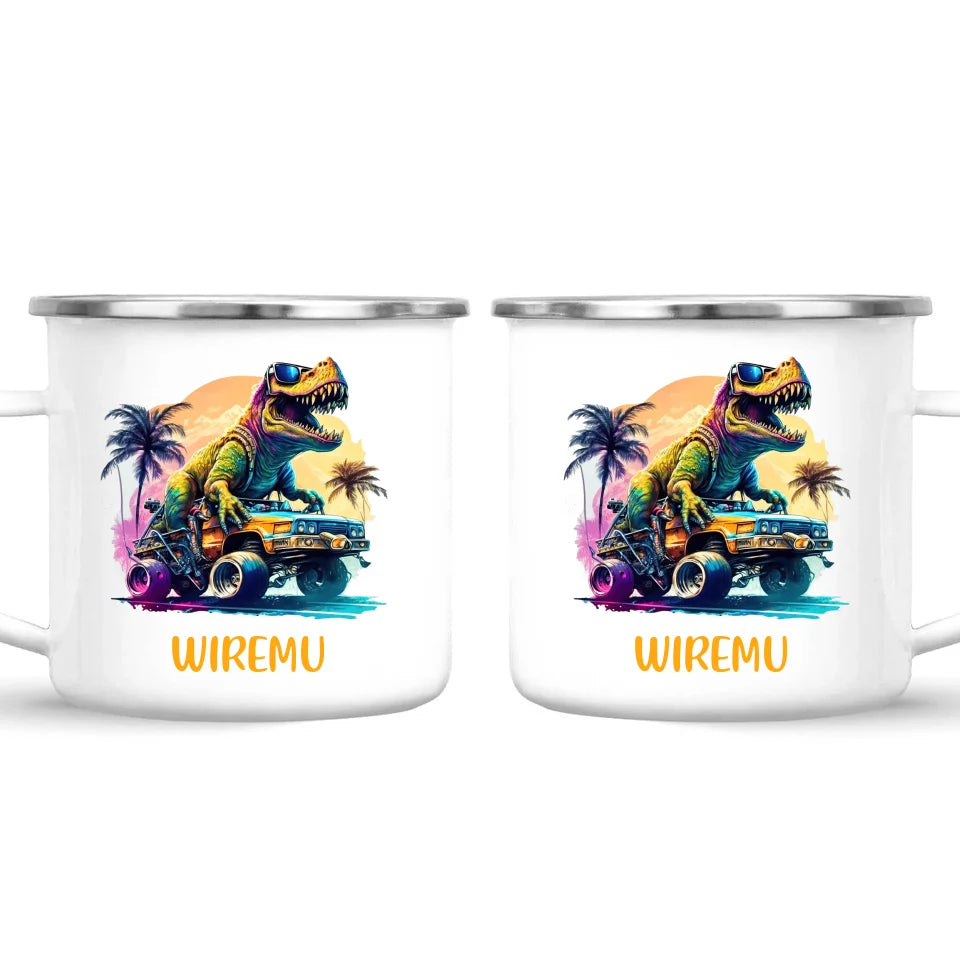 Personalised with Name, Cool Dinosaur Beach Cruiser Kids Mug – Customised T-Rex Car Adventure Cup for Children – Available in 11oz, 6oz & Enamel Options